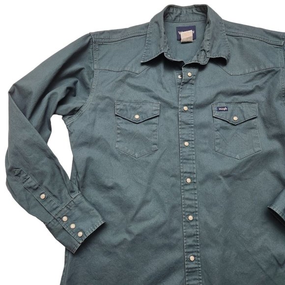 Vintage Wrangler Blue Green Bushpopper Heavy Denim Pearl Snap Long Sleeve - Picture 7 of 7